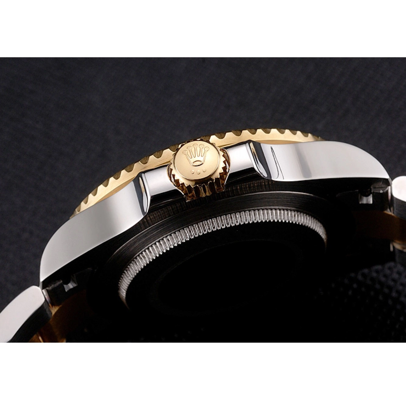 AAA replica watch Markings Gold Black Dial Tone Gold Two Submariner Diamond Bezel Swiss Steel Rolex Bracelet 0818